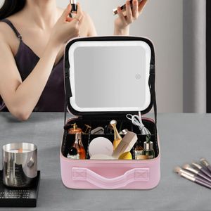Kosmetische Kosmetikbeutel Tragbar Kosmetikkoffer Make up Organizer Aufbewahrung Schmuckbox mit Licht und Spiegel Rosa
