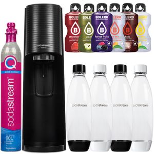 SodaStream Wassersprudler Terra Black + 1 Weiße 1L Flasche + 3 Schwarze 1L Flaschen + Bolero