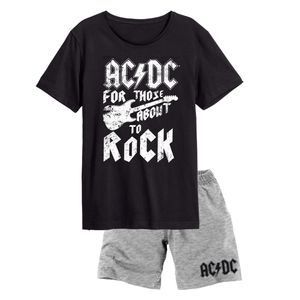 AC/DC Schlafanzug für Männer Pyjama Set Kurz Oberteil mit Hose Schwarz/Grau, Größe:M