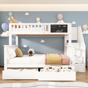 Flieks Kinderbett 90x200cm/140x200cm, Etagenbett mit Rausfallschutz, Hochbett mit Treppe und Schubladen, Massivholzbett mit Lattenrost und Tafel, Weiß Flieks Kinderbett 90x200cm/140x200cm, Etagenbett mit Rausfallschutz, Hochbett mit Treppe und Schubladen, Massivholzbett mit Lattenrost und Tafel, Weiß