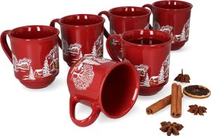 6er Set Glühweinbecher 0,2L rot Weihnachtslandschaft Keramik Glühweintassen geeicht