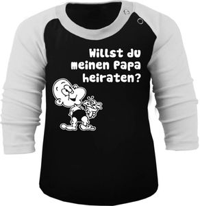 Baby / Kinder Baseball Langarm T-Shirt (Farbe: schwarz-weiss ) (Gr. 76/86 ) Willst du meinen Papa heiraten