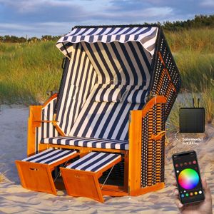 RGB Strandkorb XXL inkl. Abdeckcover LED Luxus Volllieger Gartenliege Ostsee + 4 Kissen, Klapptische, Zeitungsfächer