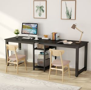 LITTLE TREE 200 cm Doppelschreibtisch, Extra langer Computertisch mit Ablagefächern, Schreibtisch-Arbeitsplatz für das Heimbüro (Schwarz)