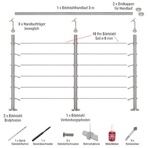Edelstahl Seilgeländer Set - Länge: 3 m, aufgesetzte Montage