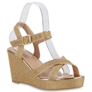 VAN HILL Damen Plateau Sandaletten Keilabsatz Glitzer Party Plateau-Schuhe 840406, Farbe: Rose Gold, Größe: 37