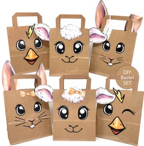 Ostertaschen DIY Set – 6 große Kraftpapier-Tüten mit süßen Tiermotiven – Bastelset für Kinder & Familie – Perfekt als Oster Geschenktüten, Osterhasen Tüten zum Befüllen, Ostertüten Papier