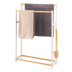 eluno Stand-Handtuchhalter aus mattweißem Metall mit Bambus, extra großer freistehender Handtuchständer für große Duschtücher, Badetuchhalter, mit 2 Handtuchstangen und 4 Haken