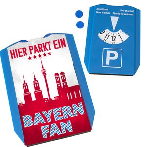 Hier parkt ein Bayern Fan Parkscheibe in Vereinsfarben