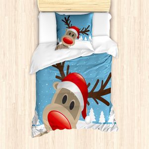 ABAKUHAUS Weihnachten Mantele, Rentier Rudolph Hut, Milbensicher Allergiker geeignet mit Kissenbezügen, 135 cm x 200 cm - 80 x 80 cm, Blassblau Rot Hellbraun