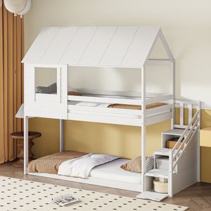 Flieks Etagenbett 90x200cm mit Treppe, Kinderbett Hausbett mit Rausfallschutz, Hochbett mit Lattenrost, Holzbett Einzelbett mit Schubladen, Weiß