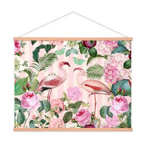 Stoffbild Kakemono mit Posterleisten Holz Natur Blumen Vogel Flamingo Blume Bunt, Größe: 51 x 51 cm