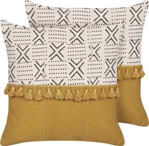 BELIANI 2 poduszki biało-żółte bawełniane 45 x 45 cm ręczny nadruk stemplowana geometryczny wzór boho poszewka