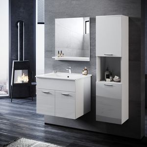 SONNI Badmöbel-Set 3 teilig Weiß Hochglanz ,mit Waschbecken mit Unterschrank ,Spiegel und Hochschrank