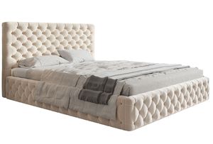 Polsterbett MIAMI-SLIM mit Kopfteil, 180x200 cm, Doppelbett mit Bettkasten und Lattenrost aus Holz, Velourstoff Beige