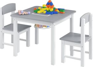 WOLTU Detský stôl s 2 stoličkami, Detská sedacia súprava s úložným priestorom, Sedacia súprava do detskej izby s obojstrannou stavebnou doskou, kompatibilná s veľkými stavebnicami, bielo-sivá