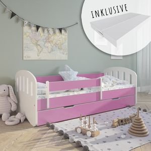 Kinderbett 180x80 mit Matratze, Schublade, Rausfallschutz & Lattenrost in pink 80 x 180 Mädchen Jungen Bett Skandi