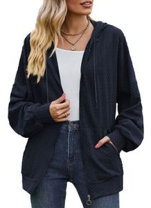 ASKSA Damen Kapuzenjacke Sweatshirt mit Reissverschlus Einfarbig Zip Hoodie Oversize Sweatjacke, Dunkelblau, XXL