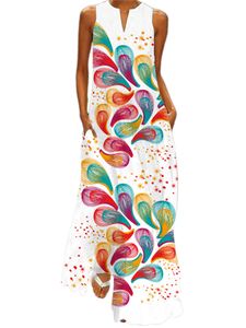 Damen Maxikleid Sommerkleid Ärmelloses Elegant Kleider V-Ausschnitt Lang Kleid mit Taschen Stil y,Größe:4xl