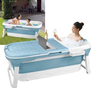 YUENFONG Faltbare Badewanne XL 148 x 62 x 53 cm, Ideal für Badezimmer, Dusche und Balkon, Mit Abdeckung & Massagerollen, Seifenkorb, dicker Kunststoff tragbare Wanne - Blau