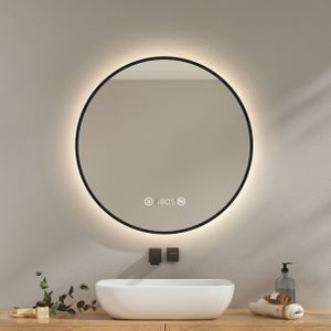 EMKE Badspiegel Rund LED Spiegel mit Beleuchtun ф70cm Schwarzer Rund Badezimmerspiegel mit Beschlagfrei, Uhr, Temperatur, Dimmbar, Memory-Funktion - Neutrale Lichts 4300K