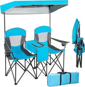 KOMFOTTEU Campingstuhl klappbar für 2 Personen, Angelstuhl mit verstellbar Sonnendach, Strandstuhl Klappstuhl mit Seitentisch/Getränkehalter (Blau)