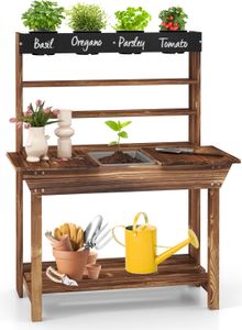 GOPLUS Pflanzbank für Kinder, Gartenküche Outdoor mit 4 Töpfen, abnehmbarem Waschbecken & integrierter Tafel, Matschküche Pflanztisch aus Tannenholz