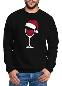 Sweatshirt Herren Weihnachten Weinglas mit Weihnachtsmütze Weihnachtsmotiv Rundhals-Pullover Moonworks® schwarz M