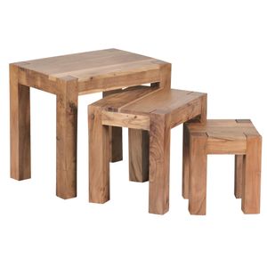 WOHNLING 3er Set MUMBAI Satztisch Massiv-Holz Akazie Wohnzimmer-Tisch Landhaus-Stil Beistelltisch dunkel-braun Naturholz