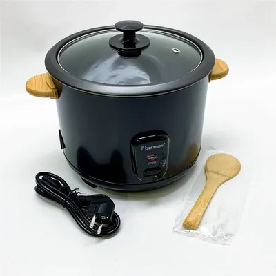 Image de Bestron cuiseur à riz avec poignées en bambou, pour 8-10 personnes, avec gobelet doseur & cuillère à riz, avec fonction maintien au chaud, capacité 1,8 litres, 700 watts, couleur : noir