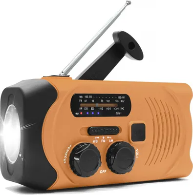 Obrázek produktu pro Solární ruční meteorologické rádio pro nouzové situace s AM/FM, LED svítilnou, lampou na čtení oranžové barvy