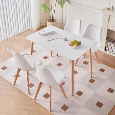 Produktbild von Essgruppe 1 Tisch 4 Stühle Rechteckiger Esstisch Skandinavische Küchenstühle Weiß