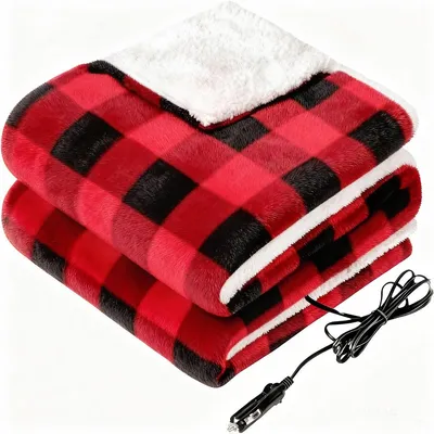 Produktbild von Beheizbare Decke 12V fürs Auto, 150 x 100 cm, 4 Heizstufen, 4 Timerstufen, Schwarz-Rot kariert
