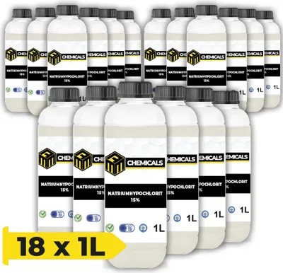 Produktbild von MRM CHEMICALS Flüssigchlor für Pool 1L Natriumhypochlorit für Whirlpool Schwimmbad Spa Brunnen, Poolreiniger, Desinfektionsmittel, Wasserdesinfektion x18
