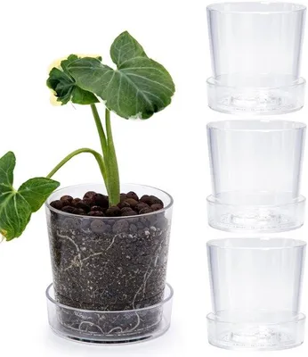 Productafbeelding van Unyqoos® Transparante acrylmantelpotten, set van 4 met onderzetters, 11,4 x 11,4 cm – breekvast, met drainage, ideaal voor kamerplanten en kruiden