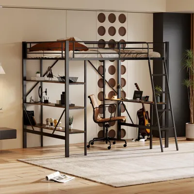 Produktbild von 90x200cm Bettgestell Metallbett, Eisenbett, Hochbett mit Schreibtisch und drei großen Ablagen für Kinder, Jugendliche und Erwachsene, 90x200 cm, schwarz