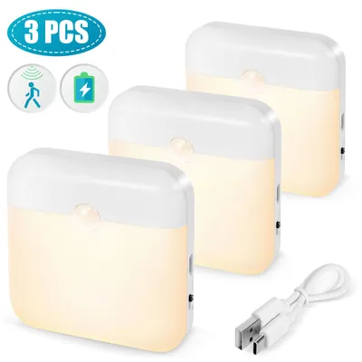 Zdjęcie produktu dla lampka nocna LED 3Pc z czujnikiem ruchu ładowana przez USB Światło zmierzchowe ciepłe białe + białe do schodów, przedpokoju, szafy
