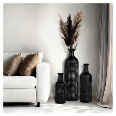 Produktbild von Schwarze große Bodenvasen: moderne Metallvasen für Wohnzimmer, Schlafzimmer, Küche, 3 Stück, 68/51/41 cm