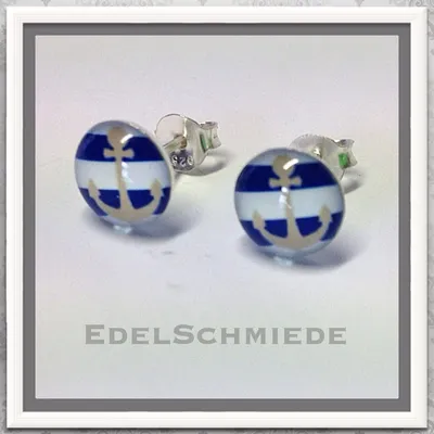 Produktbild von Edelschmiede925 Ohrstecker Anker blau weiß gestreift 925 Silber