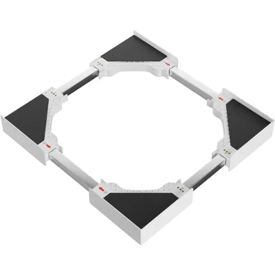A square-shaped appliance dolly or base, designed for moving heavy items like washing machines or refrigerators. It is constructed from white plastic and metal parts with black non-slip pads on each corner. Red arrows indicate the direction of movement or 