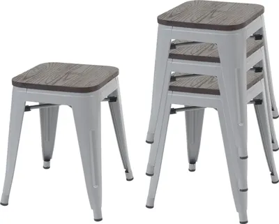 Produktbild von 4er-Set Hocker HWC-A73 inkl. Holz-Sitzfläche, Metallhocker Sitzhocker, Metall Industriedesign stapelbar  grau