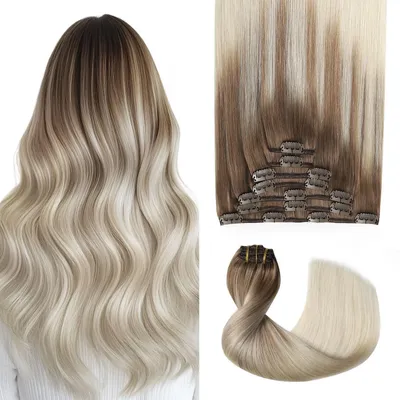 Produktbild von Clip in Extensions Echthaar 120g 7 Stück #8/60 Hellbraun bis Platinblond 35cm