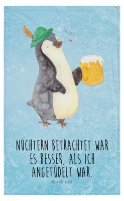Produktbild von Mr. & Mrs. Panda Tapestry Pinguin Bier - Eisblau - Geschenk, Wandteppich, , Boho, Wandtuch, Gobelin, Feierabend, Beschwippst, Betrunken, Wandbild, Hängedeko
