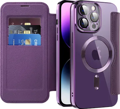 Image de Étui pour iPhone 15 Pro compatible MagSafe, étui transparent avec porte-cartes, étui en cuir avec protection de l'appareil photo Violet