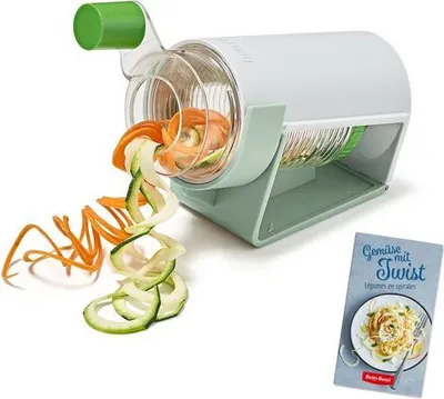 A spiralizer is shown with spiralized vegetables coming out of it, next to a recipe booklet.