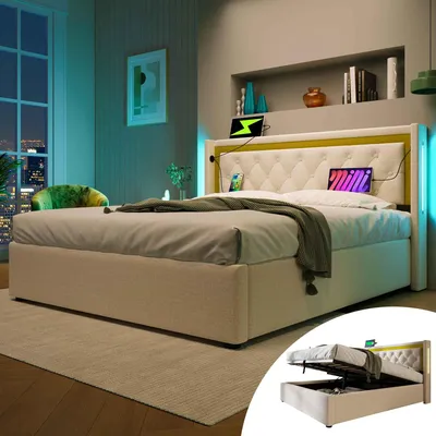 Produktbild von LED Polsterbett mit Stauraum, USB-C Ladefunktion, Baumwollstoff in Beige, inkl. Lattenrost, modernes Design mit Beleuchtung, 140x200cm