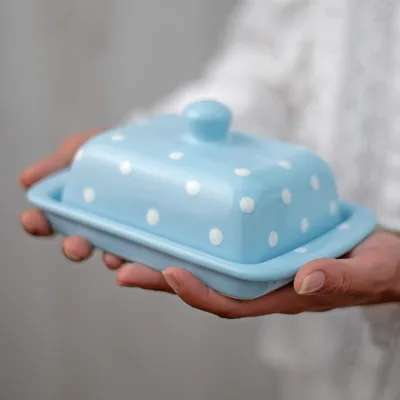 Produktbild von Handgeschilderte Keramische Botervloot - Licht Himmelblau und Weiß - Dekorativ