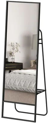 Zdjęcie produktu dla Lustro stojące z metalową ramą i miejscem do przechowywania | Kolor: czarny | Wymiary: 50x38x157 cm