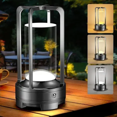 Produktbild von Tragbare Innen-/Außentischlampe aus Metall, kabellose wiederaufladbare LED-Lampe, 3 Farben stufenlos dimmbar, Beleuchtung für Restaurant/Schlafzimmer
