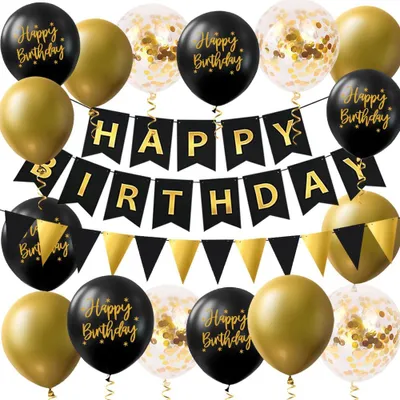 Image de Kit de décoration pour fête - Comprend 16 ballons, une banderole "Joyeux anniversaire" et une guirlande - Noir et or